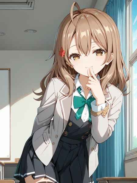 score_9, score_8_up, score_7_up, source_anime,
1girl, solo, looking at viewer, cowboy shot, indoors, classroom, windows, windows, blue sky, inviting,
light smile, leaning forward, arms at back, hand to mouth,
masha_ane, long hair, brown hair, ahoge, hair between eyes, hair red flower, hair ornament, brown eyes,
school uniform, grey jacket, open jacket, long sleeves, green bow, white shirt, collared shirt, black vest, button, black dress, black thighhighs,
<lora:hinaAlyaMashaYuki_wifu_v2:1>