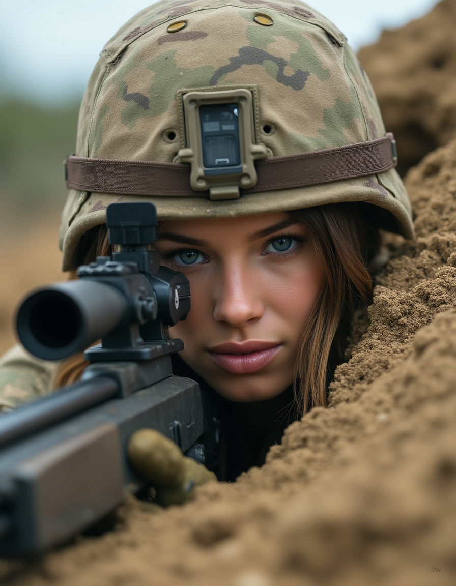 A female Marine sniper lies prone behind a sandbag bunker, her M40 rifle trained on an enemy position across no man's land. The camera is positioned from a high angle, capturing the intricate details of her uniform and equipment as well as the desolate landscape surrounding her. A subtle gradient effect enhances the contrast between light and dark, drawing attention to the subject's sharp features.