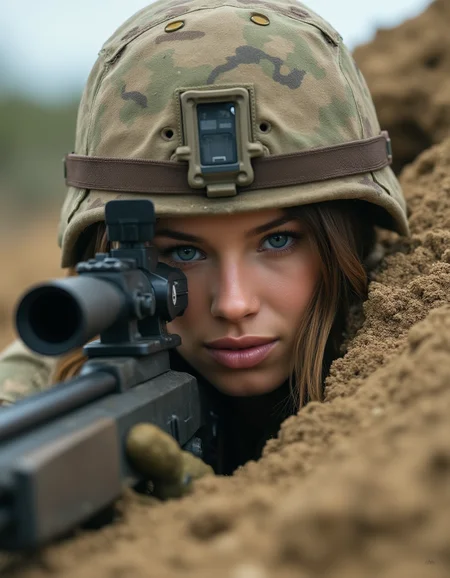 A female Marine sniper lies prone behind a sandbag bunker, her M40 rifle trained on an enemy position across no man's land. The camera is positioned from a high angle, capturing the intricate details of her uniform and equipment as well as the desolate landscape surrounding her. A subtle gradient effect enhances the contrast between light and dark, drawing attention to the subject's sharp features.