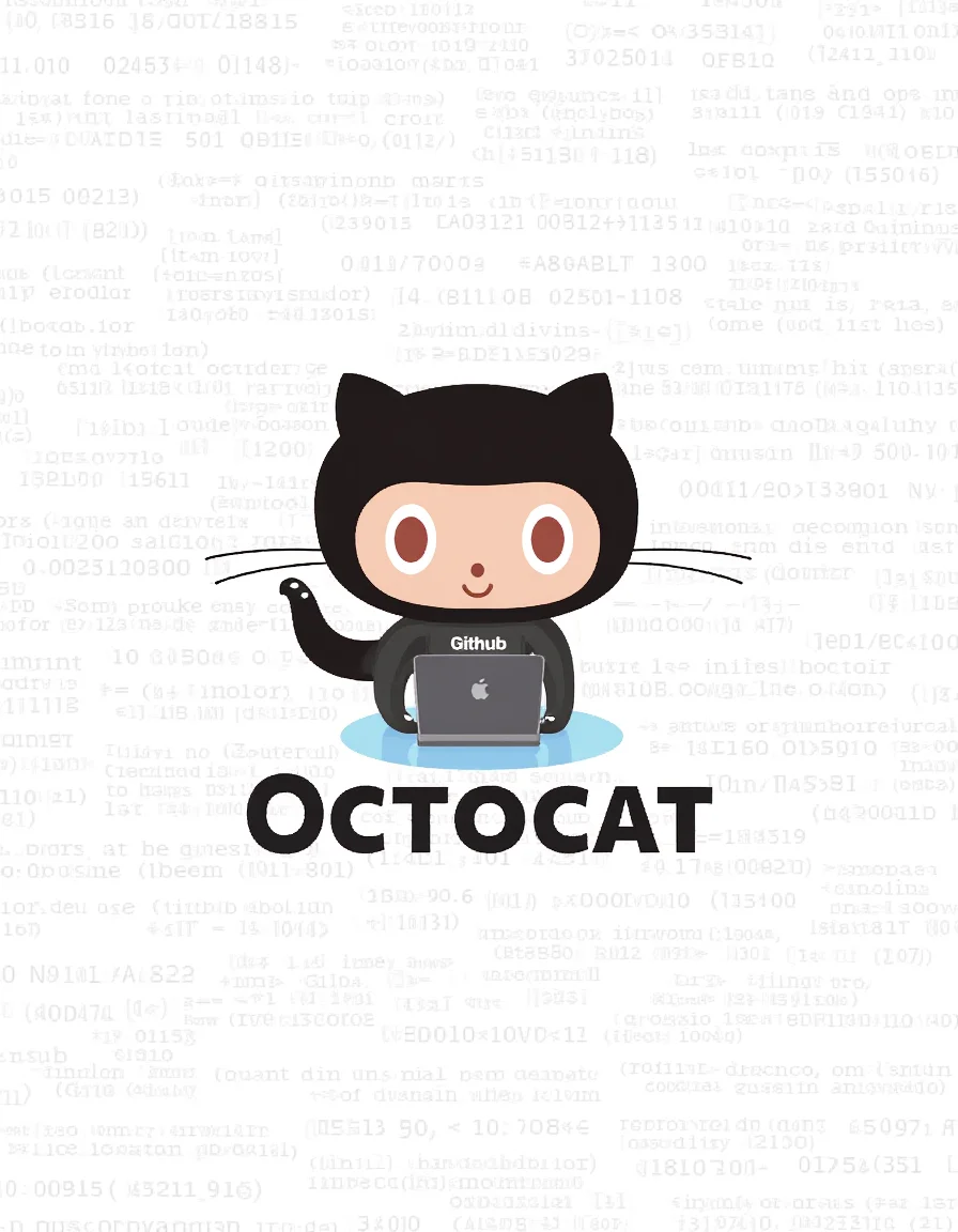 A simple poster. The poster features an illustration of Octocat in a black outfit working on a computer. Octocat is wearing a "Github" t-shirt. The poster's centered bold text reads: "Octocat". The background is a bunch of code.<lora:General Flux\octocat.safetensors:0.9500000000000001:1.0>