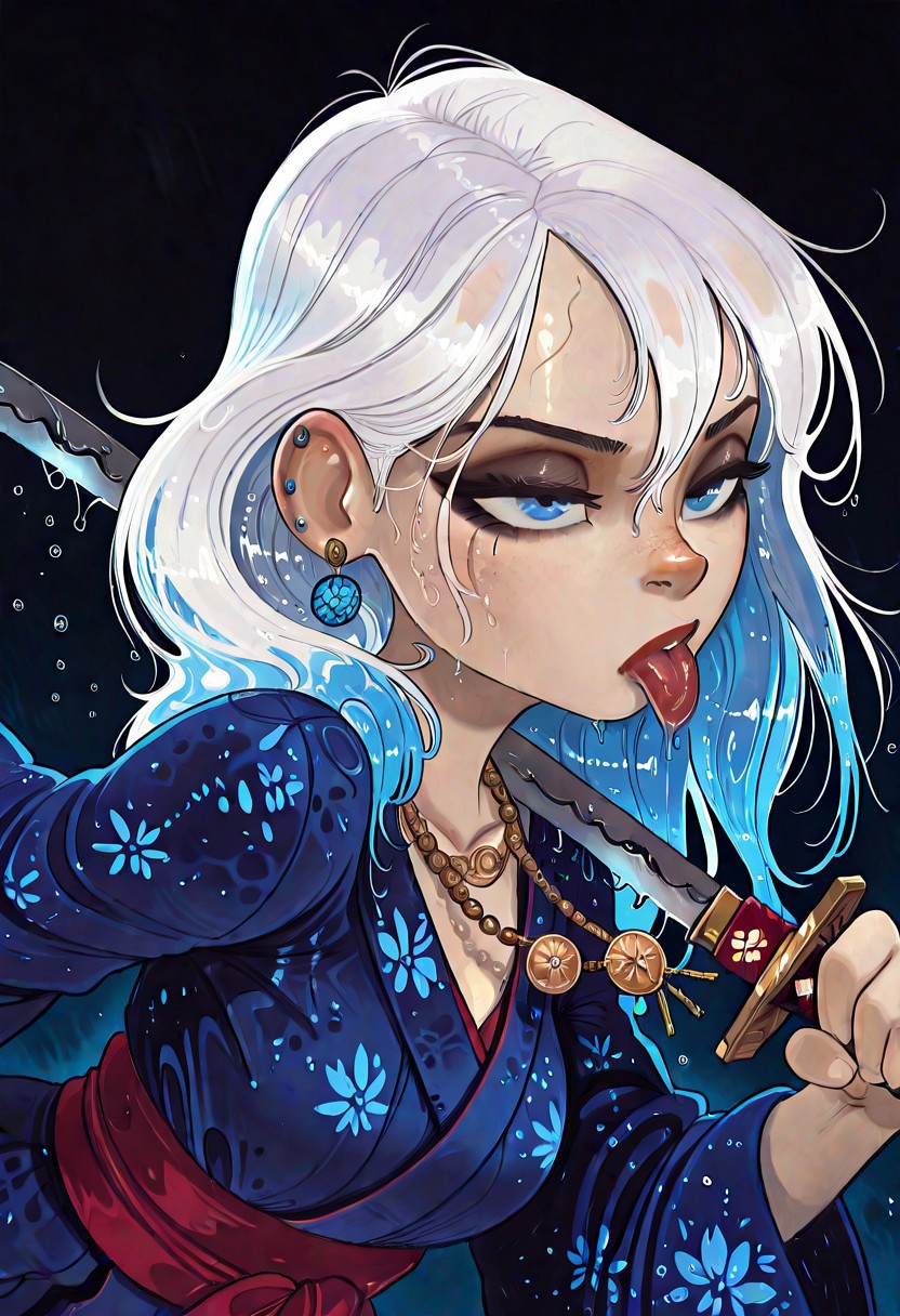 portrait of  portrait of Japanese shrine maiden, realistic skin details, white hair, long loose hair, wet hair, dripping, bangs, earrings, necklaces, red and blue yukata, dark eyeshadow, red lips, dynamic pose,holding a katana mouth open tounge out licking the  katatana blade ,  realistic photography, very awa ,masterpiece, best quality, very aesthetic, absurdres, haiz_ai, no lineart,no outline,, <lora:barleyshake-guy90-Illust-Lycorisv108:1> ekarab, masterpiece, best quality, very aesthetic, deep shadows, dark theme, , realistic skin details,
