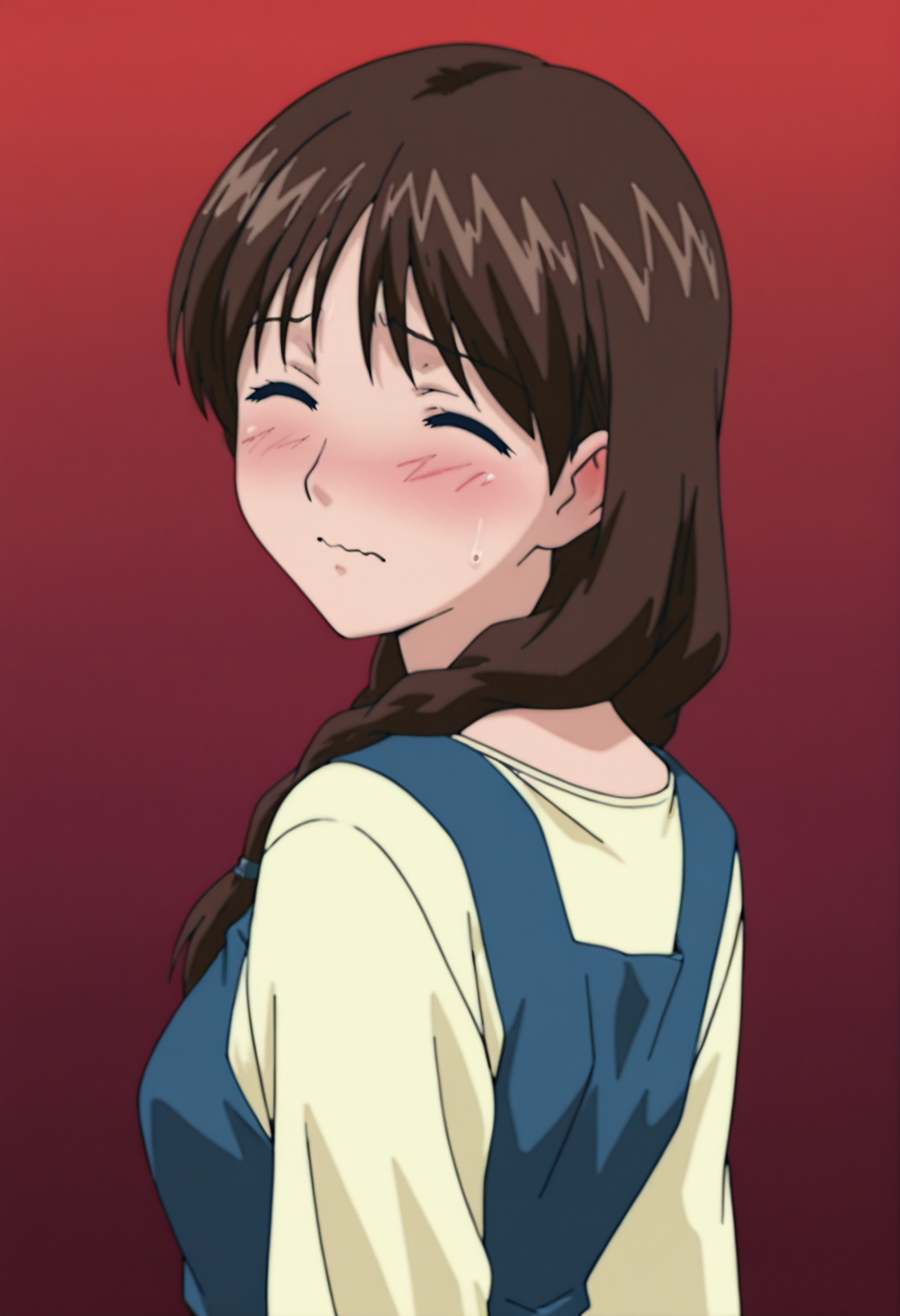 masterpiece, best quality, amazing quality, anime coloring, anime screencap, solo, 1girl,    <lora:DX888KonohaIL:1> edajima konoha, long hair, twin braids,  hair over shoulder,  brown hair, ^ ^, blush, embarrassed, wavy mouth,  pinafore dress,  BREAK  simple background,  red  background gradient background, BREAK twisted torso