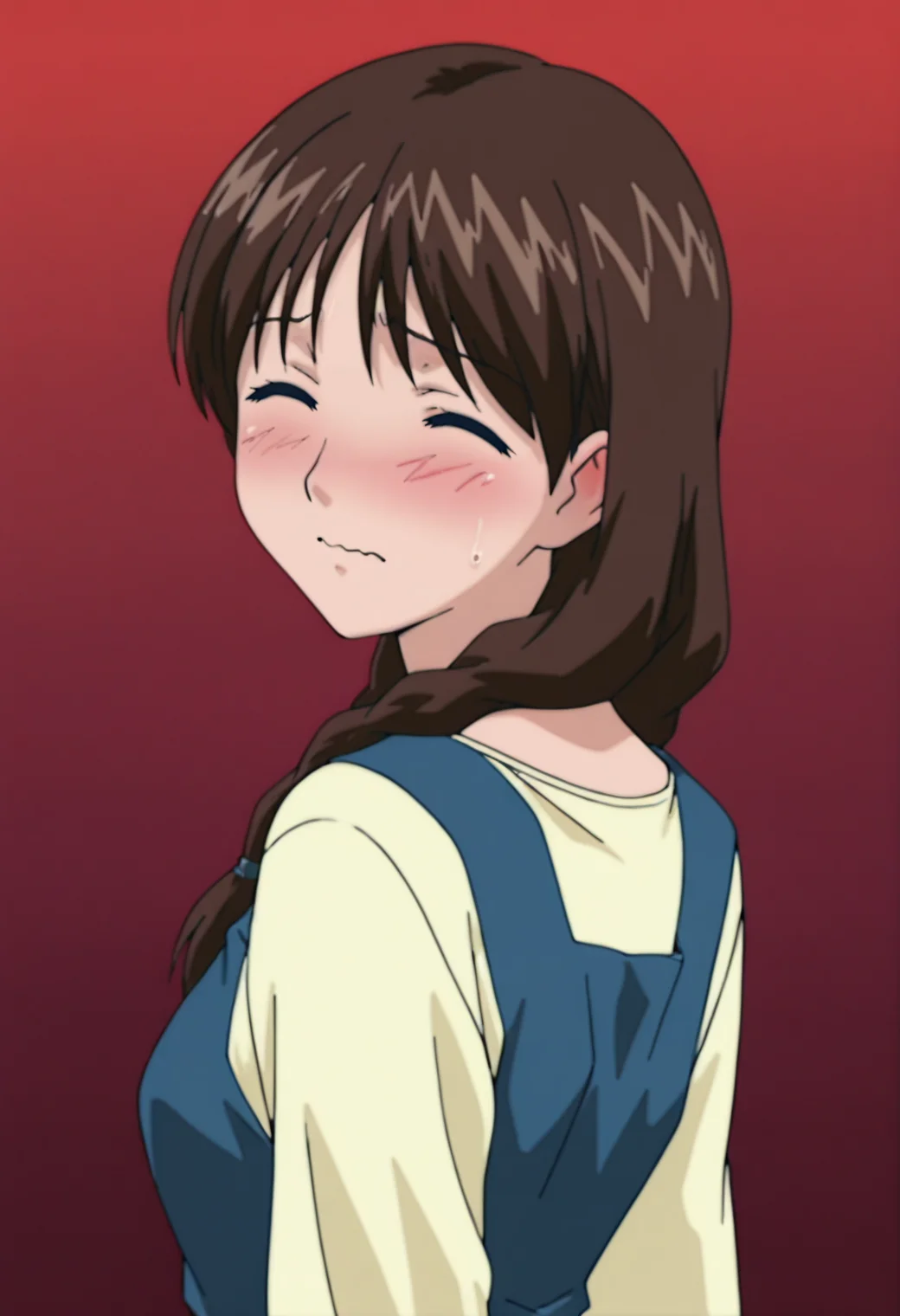 masterpiece, best quality, amazing quality, anime coloring, anime screencap, solo, 1girl, <lora:DX888KonohaIL:1> edajima konoha, long hair, twin braids, hair over shoulder, brown hair, ^ ^, blush, embarrassed, wavy mouth, pinafore dress, BREAK simple background, red background gradient background, BREAK twisted torso