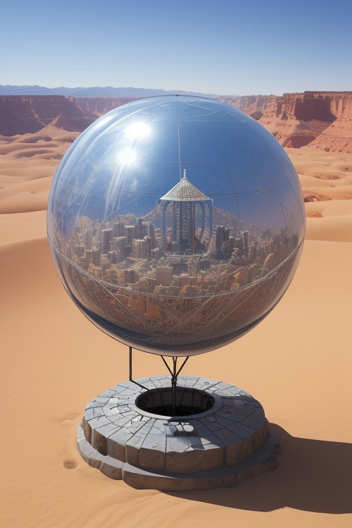 ([by Buckminster Fuller|by Santiago Calatrava]:1.5), (Giant Metal Orb.:0.5), floating metal sphere, canyon, desert landscape, deep crevice