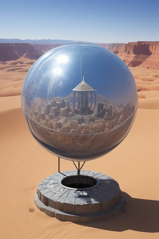 ([by Buckminster Fuller|by Santiago Calatrava]:1.5), (Giant Metal Orb.:0.5), floating metal sphere, canyon, desert landscape, deep crevice