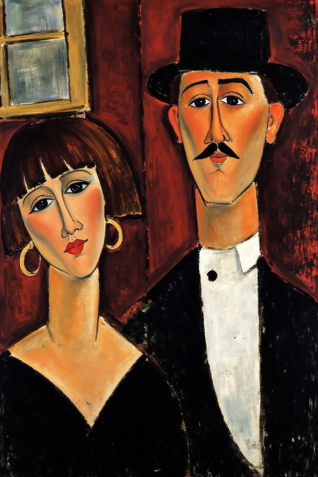 amedeomodigliani1 painting. 
Abstract, cubism portrait of a woman and a man. On the left, a woman with a bob haircut, bangs, and red lips is wearing a black dress and hoop earrings. On the right, a man with a mustache and a black hat is dressed in a white shirt and black tuxedo. A window is behind them on the left.
  <lora:amedeomodigliani1_cap_d6a3e8:1.0><lora:847309588276457193:0>