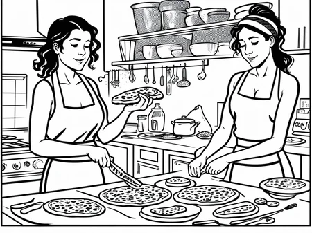 line art, woman cooking pizza