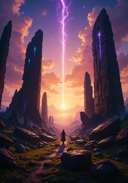 Ethereal solstice celebration at twilight within an ancient stone circle, majestic sunset rays piercing through crystalline sea mist, casting prismatic refractions across moss-laden megaliths. Sacred amber light transforms weathered granite into molten gold sculptures against an indigo-violet gradient sky. Delicate nacreous clouds spiral overhead, their undersides painted with tangerine, magenta and lavender hues. Celtic-inspired watercolor technique with semi-transparent ink washes creates soft transitions between light sources. Atmospheric perspective enhances depth perception as rolling emerald hills fade into silhouettes. Glowing specks of magical pollen dance in shafts of crepuscular light. Minute details of carved runes illuminated by the dying sun reveal ancestral constellations. Dramatic backlighting creates a corona effect around the ceremonial stones, while subtle lens flare adds cinematic quality. 8K ultra-detailed, atmospheric aberration, volumetric god rays, hyper-realistic texturing of stone surfaces with lichen complexity. <lora:Anime realistic V1:0.3> <lora:artilands:0.6> <lora:FluxDFaeTasticDetails:0.7> <lora:It's a LoRA for portraits, BUT! actually specialized in backgrounds. v1.0:0.6> <lora:flux_dev:1>