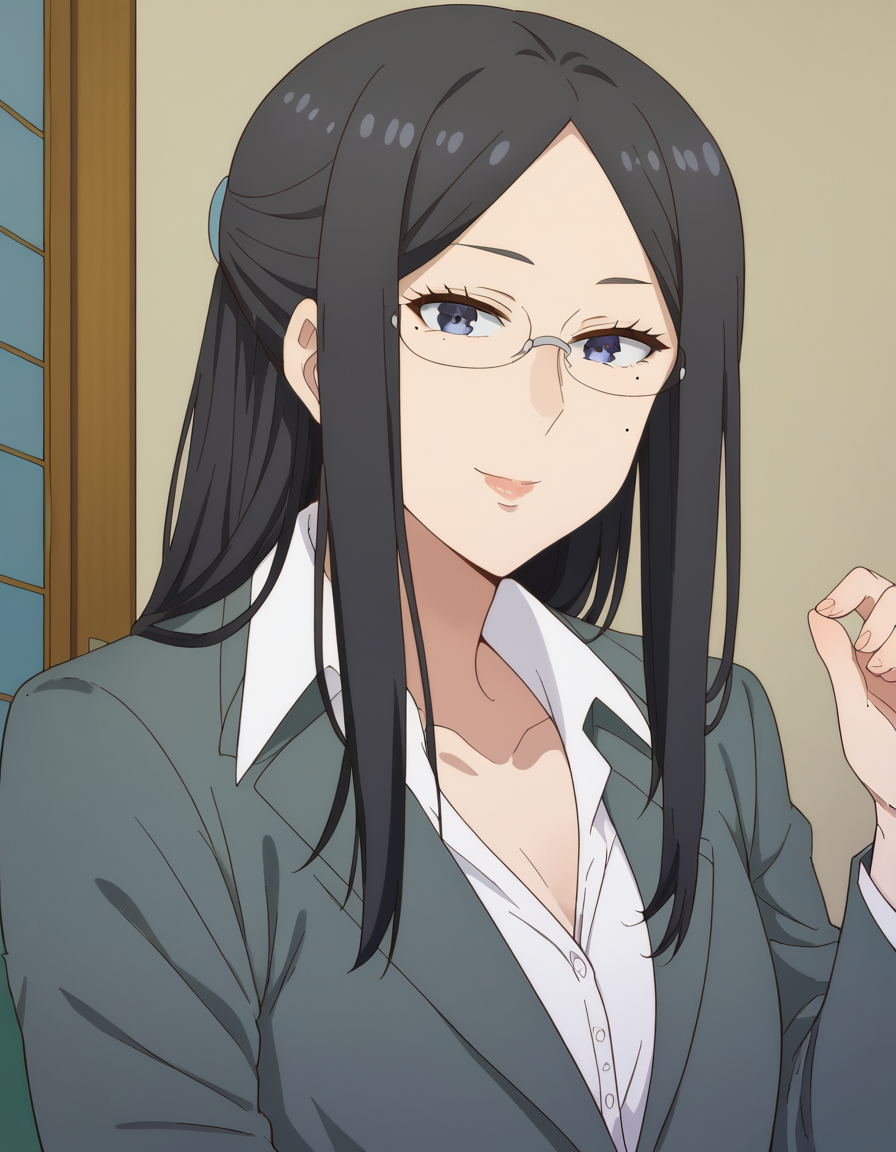 score_9, score_8_up, score_7_up, source_anime, <lora:misaki-gundou-s1-ponyxl-lora-nochekaiser:1>, misaki gundou, long hair, blue eyes, black hair, glasses, mole, mole under eye, lips, mature female, parted bangs, small breasts,, formal, suit, office lady,, indoors, smile, looking at viewer, solo,, cowboy shot, dutch angle