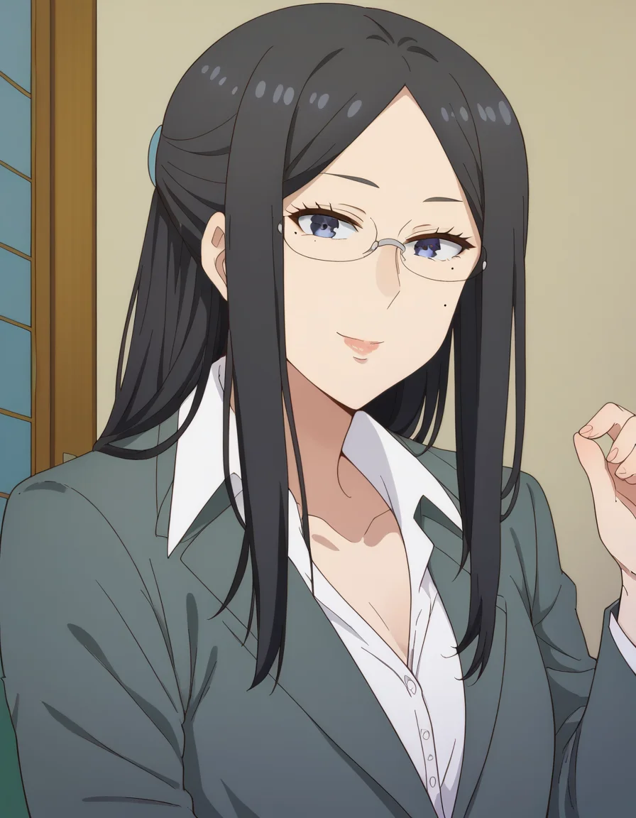 score_9, score_8_up, score_7_up, source_anime, <lora:misaki-gundou-s1-ponyxl-lora-nochekaiser:1>, misaki gundou, long hair, blue eyes, black hair, glasses, mole, mole under eye, lips, mature female, parted bangs, small breasts,, formal, suit, office lady,, indoors, smile, looking at viewer, solo,, cowboy shot, dutch angle