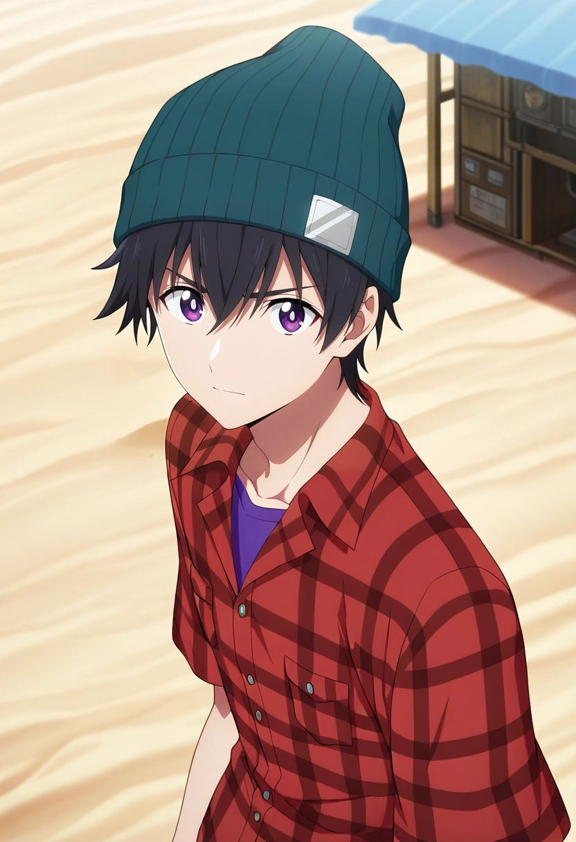 masterpiece, best quality, intricate details, anime screencap, , official style, looking at viewer, 1boy, solo, male focus, <lora:ryuunosuke_minakata_ilxl:0.96>, ryuunosuke_minakata, black hair, purple eyes, short hair, bangs, hair between eyes, desert workshop, sand forges, sun anvils, crafting stations, working pose, focused expression, noon, flannel shirt, beanie