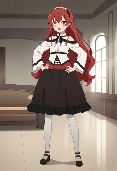 masterpiece, best quality, newest, absurdres, highres, detailed eyes, beautiful, detailed background, perfect eyes, anime screencap, anime coloring, 1girl, solo, eris greyrat, red hair, very long hair, hair between eyes, sidelocks, ahoge, black hairband, thick eyebrows, red eyes, small breasts, ErisDress, white jacket, long sleeves, long sleeves, black neck ribbon, bare shoulders, black skirt, frilled skirt, long skirt, white pantyhose, looking at viewer, hands on hips, tsundere, annoyed, open mouth, (indoors, mansion, living room, window, light rays), <lora:eris_mskt_xl_v2-04:0.8>