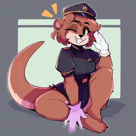 score_9_up, score_8_up, score_7_up, score_6_up, furry female, full-length portrait, by remanedur, pearl aurora, female, furry, otter, yellow eyes, tail, dark brown hair, white gloves, ((headgear)), salute, gesture, winking at viewer, happy, short hair, brown fur, hairclip, ((white navy uniform)), (solo), three-quarter view, head tilt, <lora:Leah_Pines(AIM)_XL_v1:1>, <lora:PDXL_artist_tags_v2_big:0.8> <lora:The-Minuscule-Task_PDXL_v1.0:0.8> <lora:Pearl Aurora:0.15>