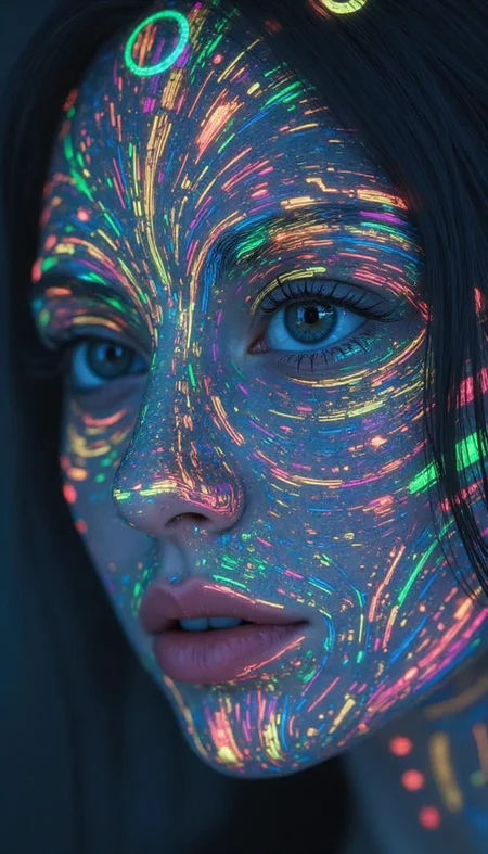 A 4K digital photograph capturing the enigmatic face of a woman set against a dark, mysterious background, her blue-grey eyes gleaming with an otherworldly intensity, as multicolored rings dance around her irises, drawing the viewer into her mesmerizing gaze. Her facial features are intricately adorned with a vibrant, abstract design - a kaleidoscopic fusion of circuitry and patterns in radiant hues of blue, green, orange, and pink, evoking a blend of psychological insight and surreal fantasy. The design elements, a testament to the collaborative genius of TMann NYC, Jeremy Mann, Kim Jung Gi, Alina Niemi, Tsutomu Nihei, and Vivid Alcohol Ink, merge seamlessly to create a captivating visual narrative that embodies the essence of anime, dark fantasy, and minimalist aesthetics. The lighting is dim, with soft, cool tones that accentuate the vibrant colors of the design, casting an ethereal glow on her face. The overall atmosphere is one of mystique and intrigue, as if the subject is a gateway to a hidden, technologically advanced realm. The shot is a close-up, with a shallow depth of field, focusing intently on the woman's face while the dark background softly blurs into obscurity, inviting the viewer to unravel the secrets hidden within the abstract design. The image is rendered in exquisite, hyper-detailed quality, with subtle texture and nuanced color gradations that bring the subject to life. The collaboration of styles results in a unique, dreamlike quality, blending the boundaries of reality and fantasy, and ending with an air of mystifying wonder.