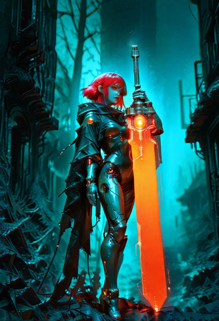masterpiece, best quality, good quality, newest, highres, absurdres, volumetric lighting,gradient color,
BREAK
raytracing, volumetric lighting, ambient occlusion, Background, girl,
BREAK
masterpiece, best quality, absurdres, newest, very aesthetic, amazing quality,highres,sensitive, highres, ultra detailed, best anatomy, HDR, 8K, high detail RAW color art, high contrast, large pupil,photo background,realistic background
BREAK
<lora:ck-painterly-fantasy-IL-000011:1>, in the style of ckpf,, matching eyes, Anime-style upper body close-up of a robotic woman in a sexy bunny costume, exposed wires and mechanical parts visible, swinging a massive egg-inspired sword, eerie atmospheric haze, sci-fi themed, dystopian setting, grey and bleak orange color grading, high quality, masterpiece, cinematic lighting, glowing patterns on the sword, soft but eerie expression, metallic skin, intricate robotic details, long flowing red hair with metallic highlights, dark, moody background with futuristic ruins, high contrast lighting, exaggerated features, dramatic shadows, cold and harsh atmosphere. giant sword, huge sword, technical sword, Cyberware, cybernetic lines, exposed mechanics, cable,cyborg, mechanical parts, robot joints(swirling magic energy:1), fallen tree in background, full body, volumetric lighting, intricate details, blurry background, depth of field .cybervision.giant sword