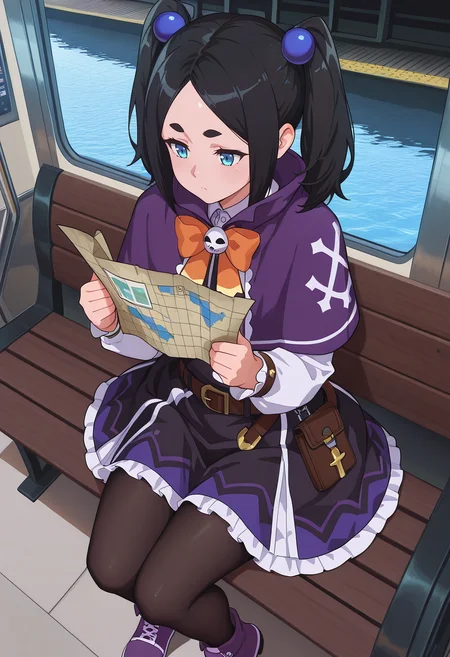 Smooth Quality,masterpiece,very intricate, high quality details, ultra realistic, high detailed skin,detailed enviorement,absurdres,
train station, bench, water, map, thumbs up, waiting, relaxed,  ,
 <lora:Dannar_Toxico_CNR:0.7> toxico_cnr, 1girl,black hair, twintails, blue eyes, thick eyebrows,
toxico_def_cnr, frilled dress, purple capelet, skirt, long sleeves, frills, belt, black pantyhose, purple footwear,hair bobbles,orange bow, bowtie,
 <lora:MoriiMee_Gothic_Niji_Style_Illustrious_r1:0.9> artist:moriimee, 