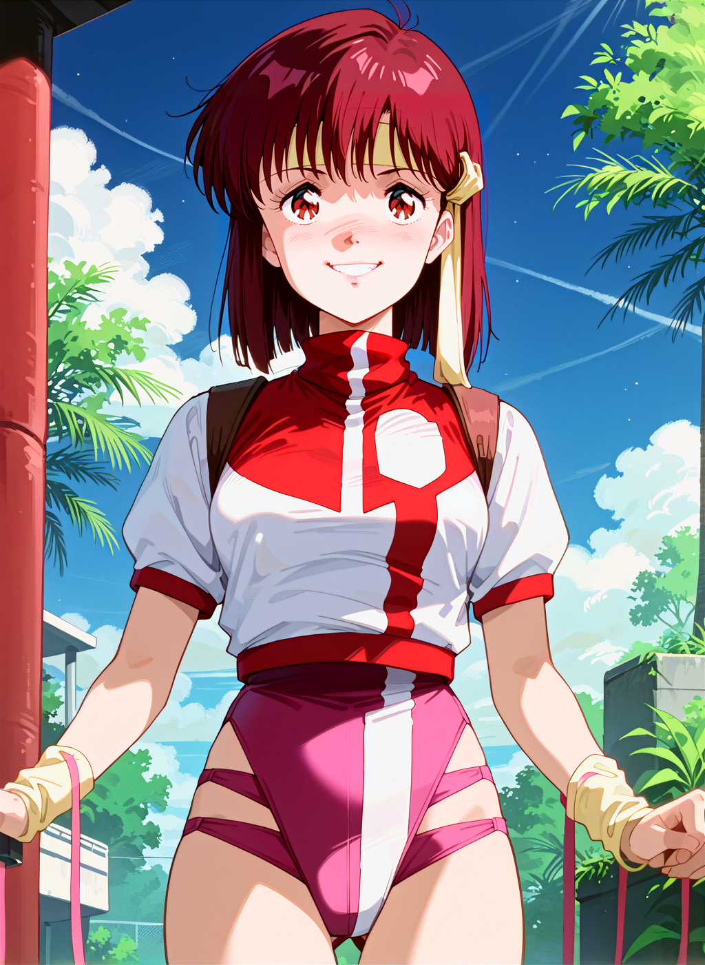 score_9,score_8_up,score_7_up,source_anime,anime,nsfw,rating_explicit,uncensored,High quality,Ultra detailed,best quality,insanely detailed,beautiful,masterpiece,perfect lighting BREAK
outdoors,<lora:takaya_noriko_V1:1>,(takaya_noriko, red hair, short hair, brown eyes,),(pink leotard,uniform,turtleneck,short sleeves),(1980s (style), retro artstyle),1girl,solo,smirk,posing,front view,,looking_at_viewer,