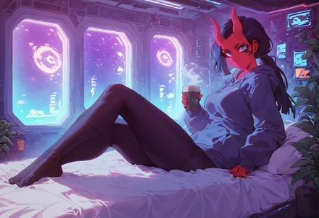 score_9,score_8_up,score_7_up,score_6_up, 1girl,
sitting in bed next to a large window, holding coffee cup, holding steaming coffee cup, wearing croptop hoodie, black croptop hoodie, long hair, black hair, blue strip in hair low ponytail hairstyle, red skin, demon girl, small horn on head, devil horns, pov from the side, sitting on the bed, hoodie, plants on the windowsill, looking out the window, looking away from viewer, background through window is vast space, galaxy background, wearing tights, leggings, black tights, thighs, night time, cyberpunk city view out of the window, neon light, purple neon lights, raining outside, heaving rain outside, girl is dry, no rain inside