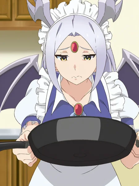highres, best quality, masterpiece, very aesthetic, newest,kono subarashii sekai ni shukufuku wo!, anime screencap,1girl,solo,dorugoramon maid,maid dress,maid headdress, yellow eyes,silver hair,red forehead gem,dorugoramon wings,dorugoramon horns,sad,pouting,upper body,holding frying pan,indoors,kitchen, <lora:DorugoramonIllustrious:1>