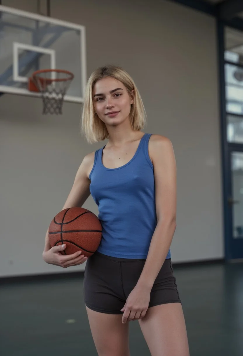 photorealistic shot of a young woman with short, blonde hair stands confidently in a gymnasium, holding a basketball under her arm. She is wearing a blue tank top and dark shorts. Behind her is a basketball hoop, and the setting has a sporty, casual vibe. Her relaxed posture and slight smile convey a sense of ease and confidence.