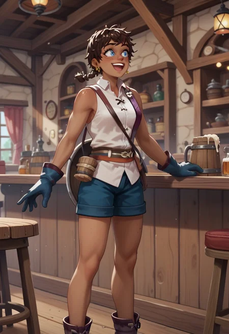 score_10, score_9, score_8, score_7, 
m1nt,
brown hair, very short hair, braid, freckles, dark skin, dark-skinned female, blue eyes, tomboy,
gloves, earings, jewelry, shirt, shorts, sleeveless, ankle boots, belt,
standing, happy, tavern,