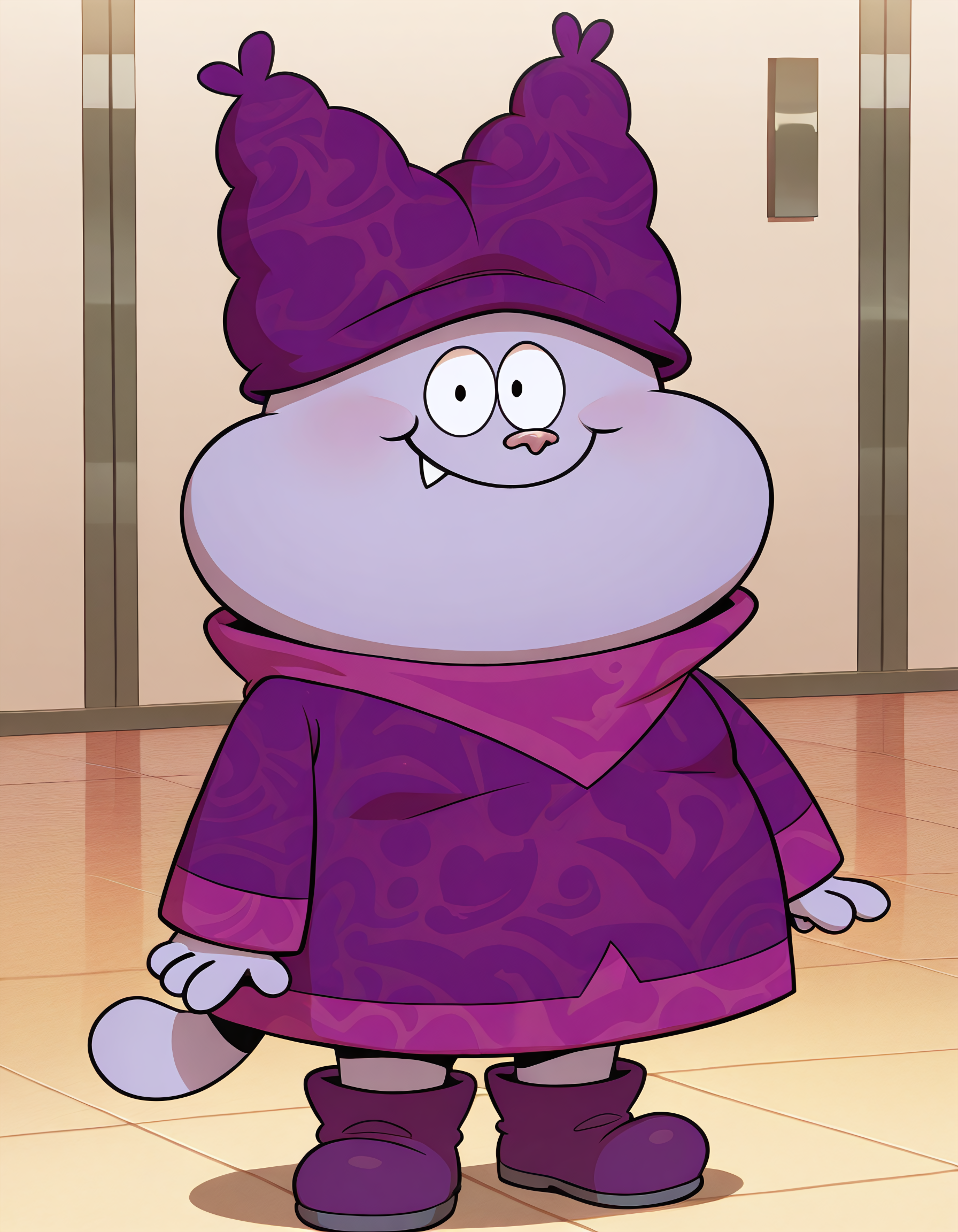 masterpiece, official art, best quality, detailed, solo, chowdr, anthro, male, 1boy, anthro, purple fur, purple body, animal nose, fang, tooth, plump, fat, young, purple hat, purple long sleeve shirt, purple boots, standing, looking at viewer, smile