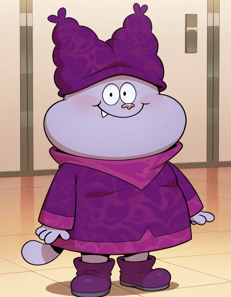 masterpiece, official art, best quality, detailed, solo, chowdr, anthro, male, 1boy, anthro, purple fur, purple body, animal nose, fang, tooth, plump, fat, young, purple hat, purple long sleeve shirt, purple boots, standing, looking at viewer, smile