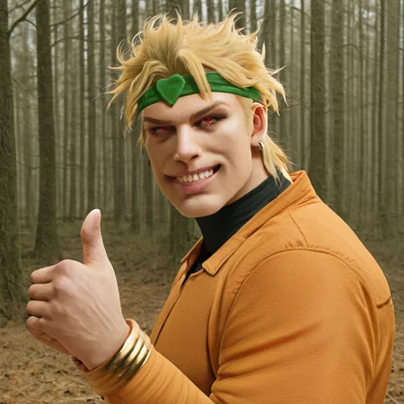 sfw, masterpiece, best quality,absurderes,source_photo,cinematic,realistic,photo,cropped,upper body, 1man,solo,dio brando,blonde hair,red eyes,orange jumpsuit,grin,green headband,thumbs up,outdoors,forest, <lora:Reallustrious_Beta:0.8>