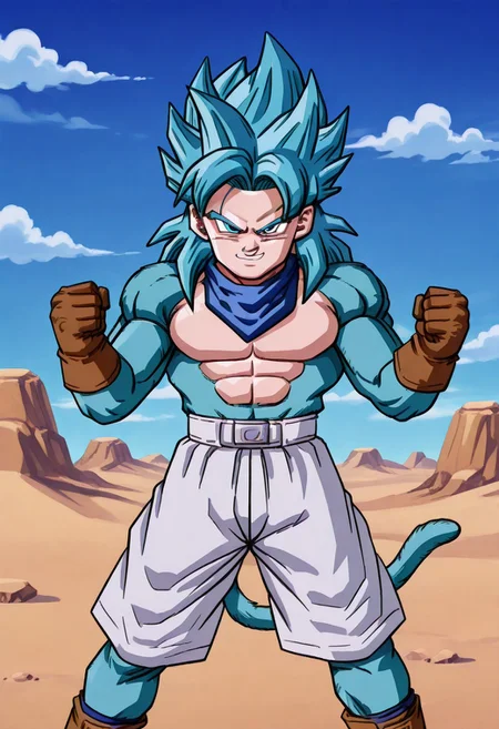 GTTrunks, 1boy, blue hair, blue bandana around neck, brown gloves, shorts, white pants, brown boots, abs, body fur, long hair, monkey tail, muscular, pectorals, (blue fur:1.5), solo, spiked hair, ssj4, super saiyan, tail, solo, fighting stance, standing, clenched hands, dynamic pose, upper body, looking at viewer, smiling, cowboy shot, desert background, blue sky, clouds, scene reference, verybadimagenegative_v1.3
