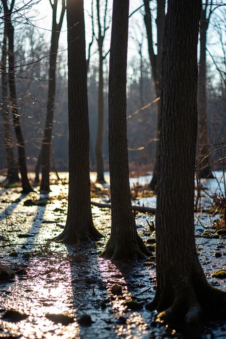 sony_a7III professional style photo, Sunlit forest scene featuring a cluster of tall, leafless trees with textured bark, standing in shallow water reflecting dappled sunlight, thin branches stretching in various directions, soft-focus background creating depth, sunlight streaming through the trees casting long, dramatic shadows across the wet surface, sparse undergrowth and twigs emerging from the water, calm and serene atmosphere, high contrast lighting emphasizing the interplay of light and shadow in the natural setting