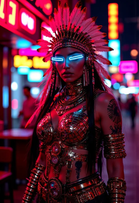 mythp0rt, A beautiful Native American woman with cyberpunk neon lights on her face, a metallic feathered headdress with neon lights, is wearing futuristic tribal cyberpunk dress with neon lights. She is standing outside a native american sci-fi cyberpunk bar.