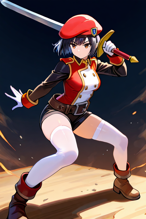 masterpiece, High quality, Ultra detailed, 2d, newest, absurdres, highres, BREAK
1girl, solo, <lora:ispin_charles:0.8>,  ispin_charles_(tales_weaver), black hair, short hair, brown eyes, red headwear, beret, 
medium breasts, ispindef, long sleeves, military uniform, Few Button, white gloves, belt, black shorts, white thighhighs, black shorts, boots, 
full body, legs apart, fighting stance,  holding weapon, sword,