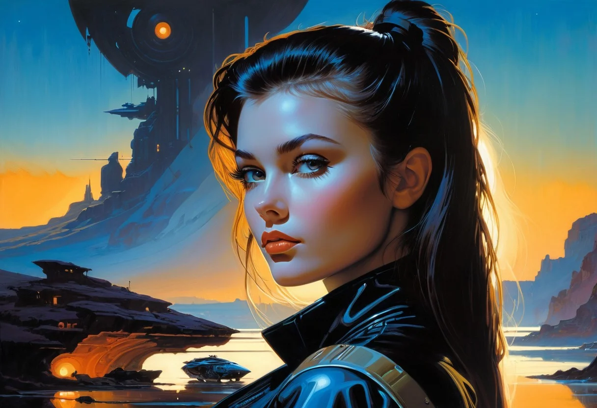 Portrait of pretty cyberpunk girl in the style of Syd Mead, perfect features, perfect eyes, perfect profile, luminescence, ultra realistic, hyper detailed, soft lighting in a brooding landscape, (Rodney Matthews:0.9), (Frank Frazetta:1.9), epic scale