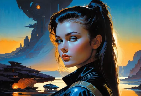 Portrait of pretty cyberpunk girl in the style of Syd Mead, perfect features, perfect eyes, perfect profile, luminescence, ultra realistic, hyper detailed, soft lighting in a brooding landscape, (Rodney Matthews:0.9), (Frank Frazetta:1.9), epic scale
