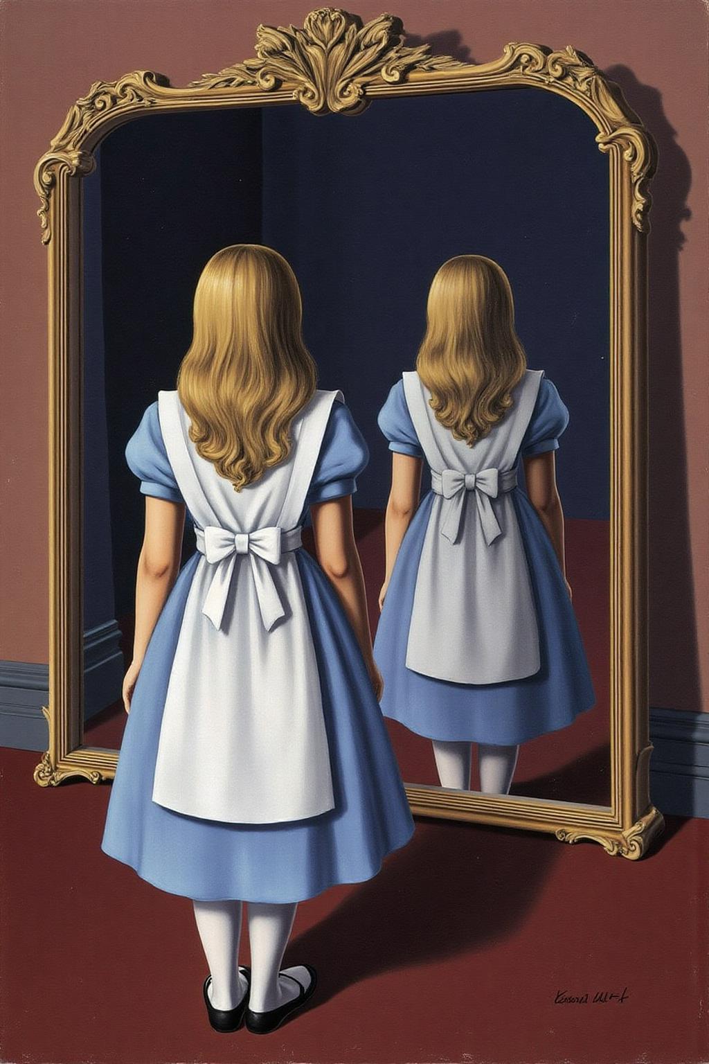 renemag1 painting. Alice in Wonderland is viewed from behind, standing in front of a large, ornate mirror. Her reflection in the mirror also shows the same back view. 
 <lora:renemag1_cap_d6a3:1.0><lora:829767804761720211:0>