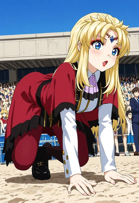 <lora:Hyper-SDXL-8steps-lora:1><lora:Fixhands_anime_bdsqlsz_V1:1> zPDXL2, score_9, score_8_up, score_7_up, source_anime, intricate details, perfect anatomy BREAK, 
BREAK
outdoors, beach, ocean, audience, crowd, all fours, from side, Fearful, Wide-open eyes, a furrowed brow, and a slightly open mouth., dynamic angle, 
1girl, solo <lora:GSF-aura50yo_XL(pony)v11:1> gsf-aura50yo, blonde hair, long hair, blue eyes, circlet, lipstick, makeup, gsf-aura50yo outfit, red capelet, white jacket, purple ascot, red skirt, red pantyhose, black shoes,