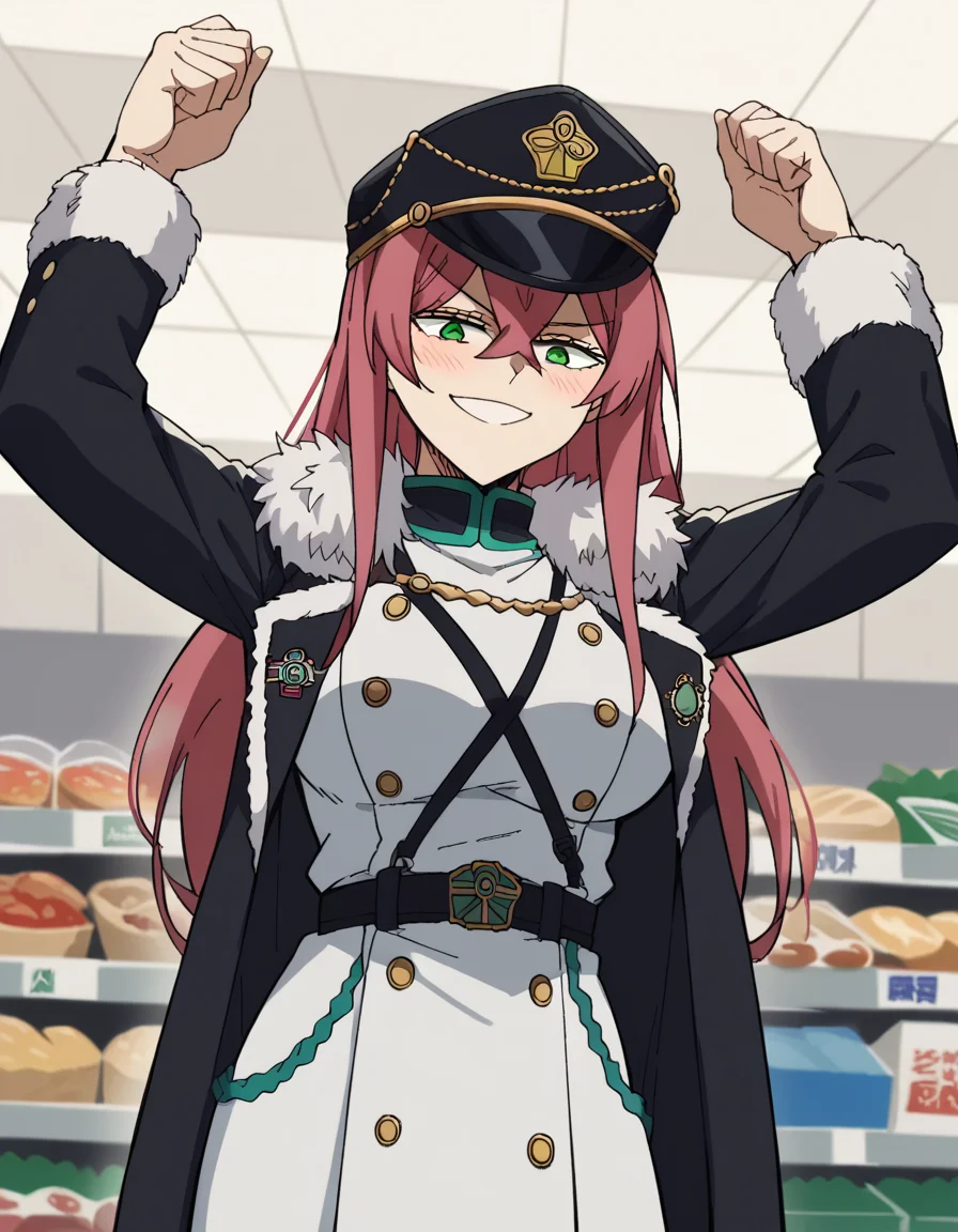 score_9, score_8_up, score_7_up, source_anime, <lora:princia-funnybunny-movie-ponyxl-lora-nochekaiser_r1:1>, princia funnybunny, long hair, green eyes, pink hair, red hair, crossed bangs, sidelocks, hat, jacket, belt, uniform, fur trim, military, military uniform, peaked cap, large breasts,, grocery store, cashier, shopping bag, scanning items, small talk, everyday routine, smile, <lora:colombia-pose-ponyxl-lora-nochekaiser:1> colombia pose, colombia pose (meme), meme, raised fists, victory pose, arms up, smile, smug,, blush, cowboy shot,, looking at viewer, solo,, dutch angle, cowboy shot