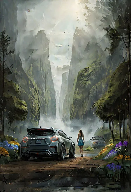 digital art, NISSAN, mountail landscape backgound, plants tress and flowers, a girl standing nearby the car