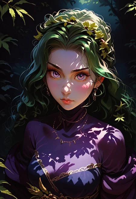 score_9, score_8_up, score_7_up, source_anime, source_cartoon, a detailed portrait of a fierce female warrior, her design inspired by the natural elements of cannabis plants. She has long, flowing green hair resembling cannabis leaves, with intricate patterns of veins running through them. Her armor is very revealing and is made from vines and leaves, featuring shimmering emerald and gold tones that reflect light like trichomes. Her piercing eyes glow with a serene yet powerful intensity. The background is a mystical, foggy forest with giant cannabis plants towering behind her, their leaves gently swaying in the wind. The overall atmosphere is ethereal and earthy, blending nature and strength.