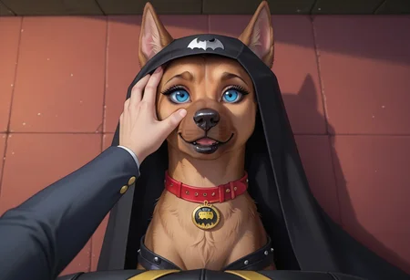 score_9, score_8_up, score_7_up, 2d, five fingers on the hand, 2girls, 2dog, score_explicit, source_furry, masterpiece, extremely detailed, outdoor, pavement, ((night)), looking at viewer, ((hand on head)), ((POV)), ((above view, )),
Superboy(/POV, 1boy, ((human, male)), faceless_male, standing,/),
Ace _Bat_Hound(/ girl, Ace _Bat_Hound, German Shepherd, batman helmet, black cloak, batman logo, ((animal, feral, dog, canine)), Detailed eyes, perfect face, perfect eyes, open eyes, huge hips, voluptuous, dump-truck ass, butt heavy, huge butt, big eyes, makeup, eyeshadow, big eyelashes, black lipstick, red choker, mascara, blue eyes, canine face, , fangs, , dog muzzle, large dog,/),