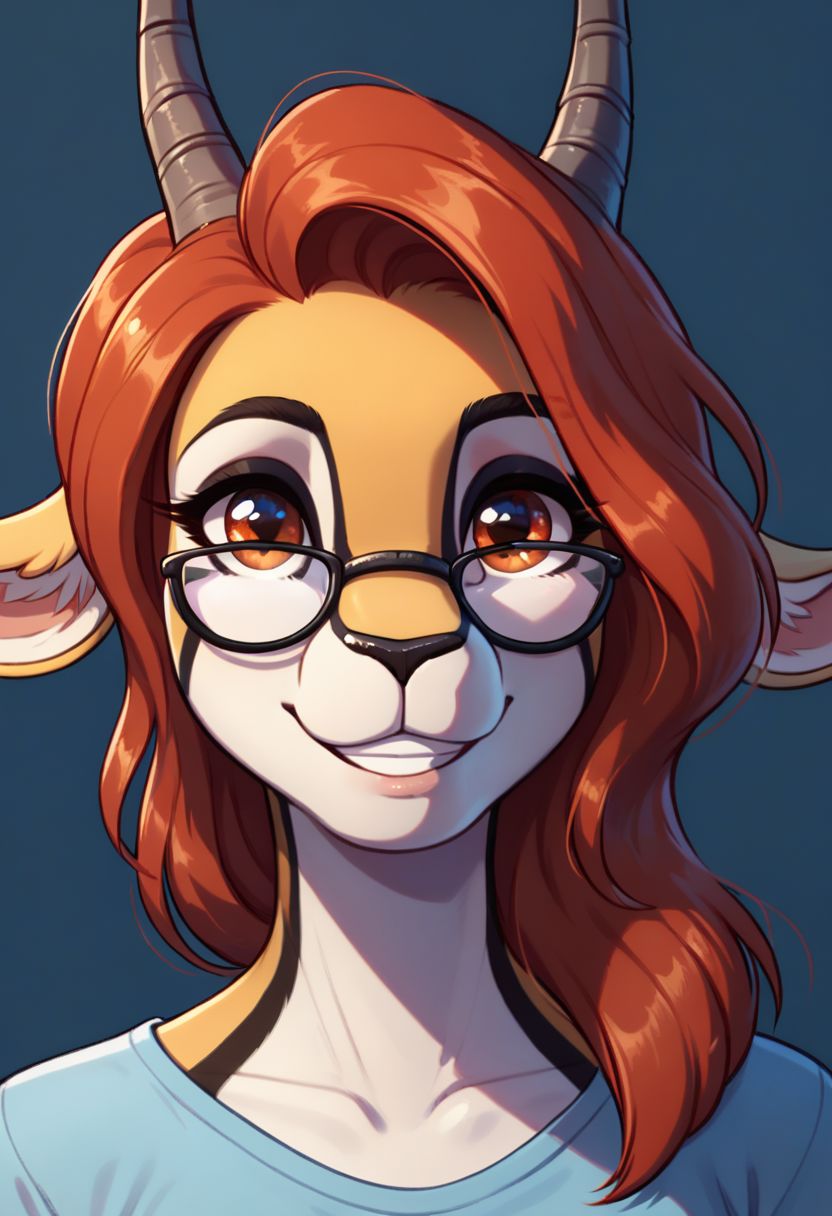 score_9, score_8_up, score_8, 1girl, smooth, red hair, anthro gazelle, highly detailed,  perfect, high quality, high definition, shirt, face, up close face, looking at viewer, smiling, close up, face focus, glasses