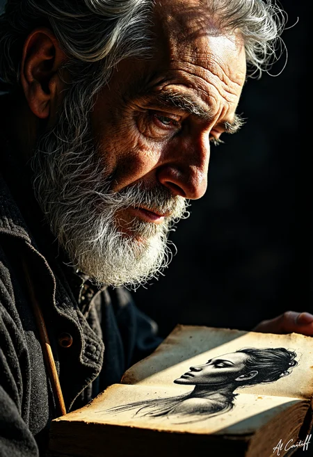 Extreme low-angle shot, 50mm lens with slight barrel distortion, shallow depth of field. A close-up of a very old man with a long beard, masculine face with a prominent nose, set against a stark black background. The subject's gray eyes are cast downward, his gaze obscured by a tangle of white, curly hair. His lips are pressed together in a thin line. Clear tears running from his eyes. The tears's tendrils seem to be dripping down the subject's cheek, like a macabre tear. The subject's face is turned slightly to the left, as if they're about to be struck by a blow. A nearby, worn leather book lies open on a nearby surface, its pages fluttering in the breeze. Warm, golden sunlight casts long shadows across the subject's face, highlighting the contours of their features. On the pages the an image of a woman is draw., l1n0c2t<lora:Flux/Linocut - s1 g4.safetensors:0.5000000000000001:0.5000000000000001> <lora:CustomFlux/MysticRealism.safetensors:0.5000000000000001:0.5000000000000001>