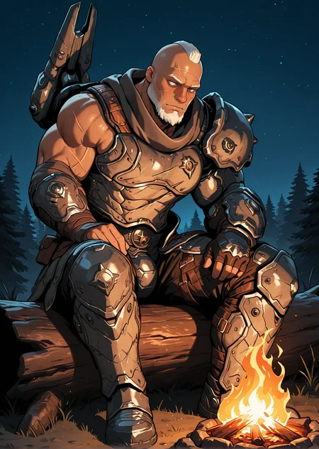 <lora:Commander_Valen_IL:0.97> commander_valen, 1boy, solo, mature male, male focus, muscular, bara, armor, single pauldron, single shoulder cannon, white mohawk, white goatee, bald, white eyes, heterochromia, brown eyes, old, old man, scar on face, leg armor, night, pose, dark skin, scarf, sitting on log, bonfire, cavern, night sky, looks down