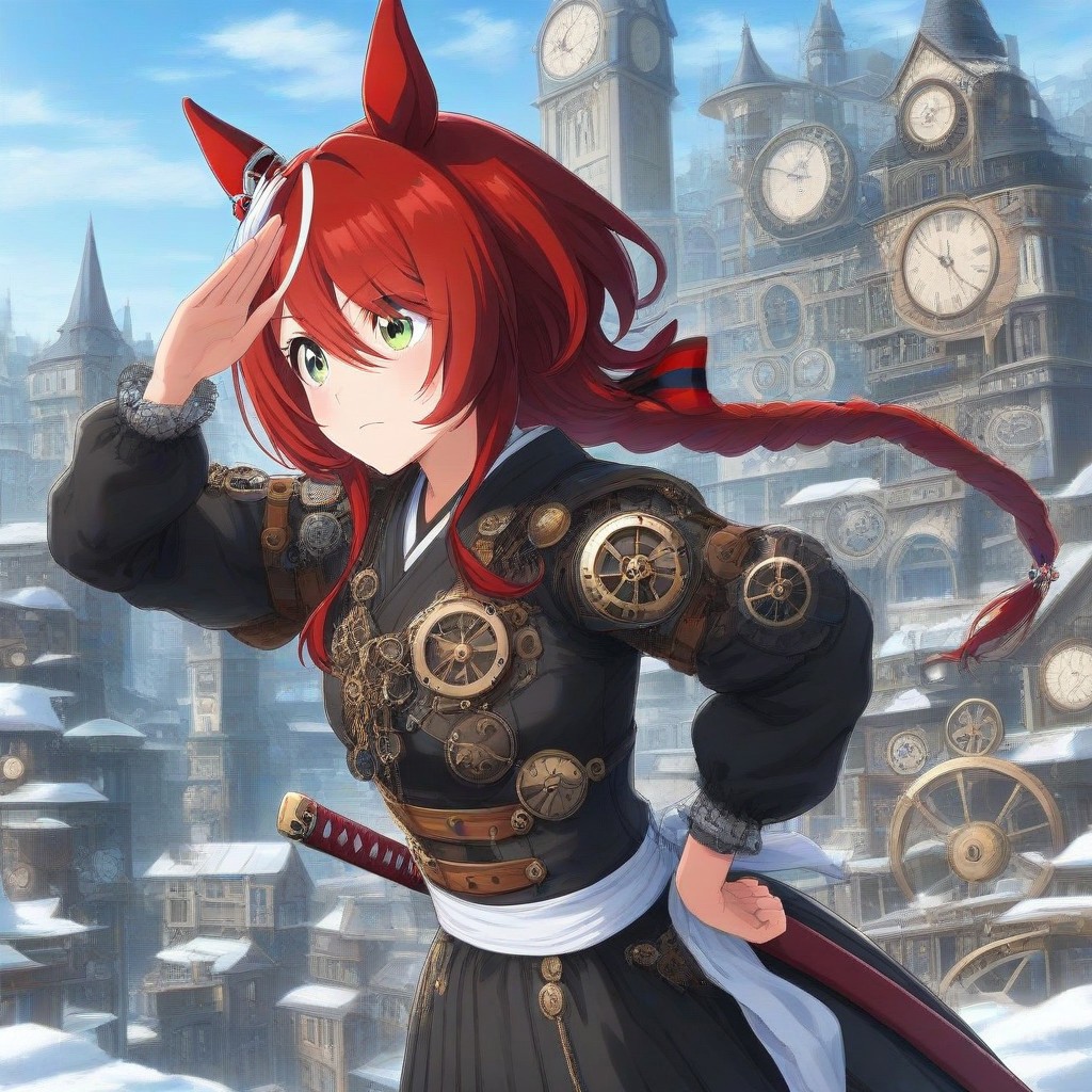 ,snow, winter, steampunk city, ,win variation \(umamusume\),1girl, bleach,, floating Massive snows, 
,long braid,short hair,win variation \(umamusume\)
, solo, japanese clothes, black kimonoblack kimono shirt,white sash, (katana),
detailed background,detailed skin,power_lines,speed_lines
(, salute,close-up, clock and gear,  bow pose,  arm up, hand on hip, 
outdoor, steampunk, clock tower), 
ultra-detailed background, bleach, solo, japanese clothes, black kimono
:0.6),