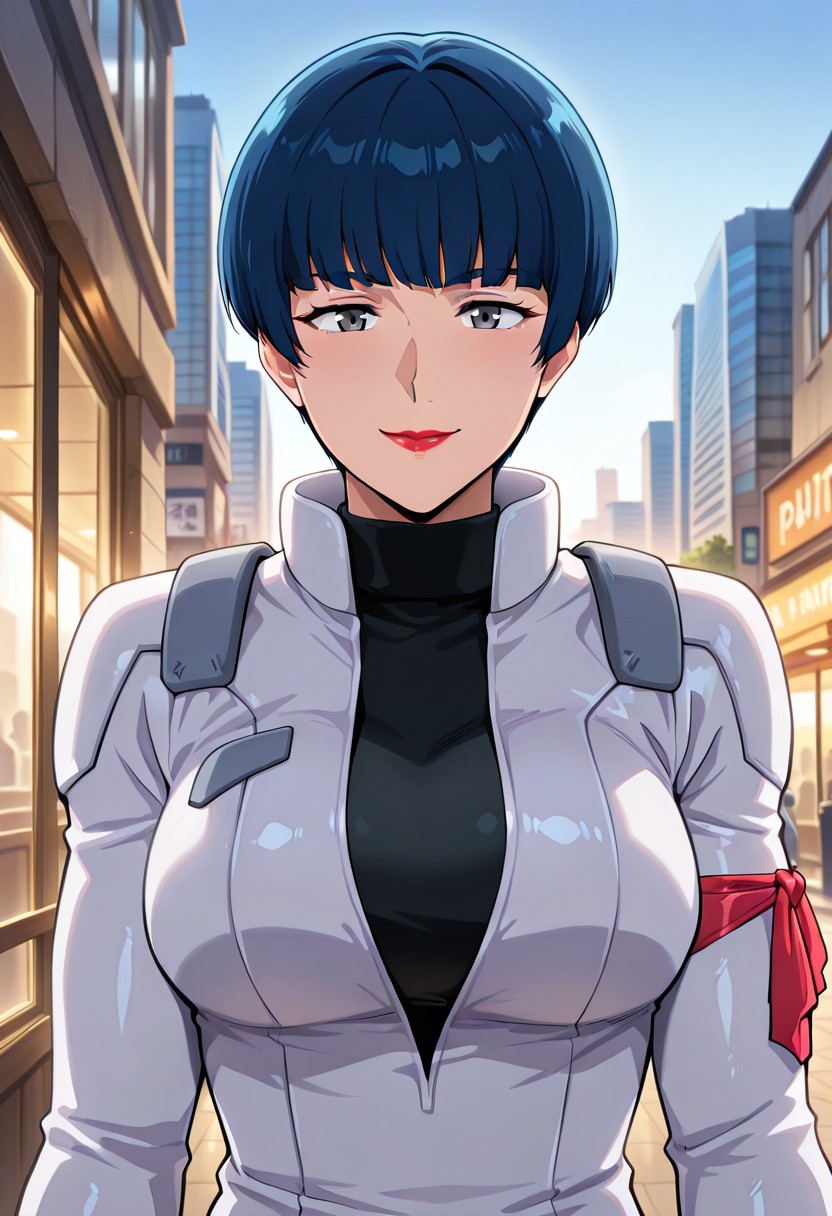 ((masterpiece, absurdres)), best quality, amazing quality, newest, 4k, anime coloring, very aesthetic, ray tracing, Smooth Quality, CG,city view,Miliera,1 mature female, blue hair, bowl haircut, grey eyes, red lips, pilotsuit, turtleneck t-shirt, arm ribbon,gloves ,upper body ,smile
