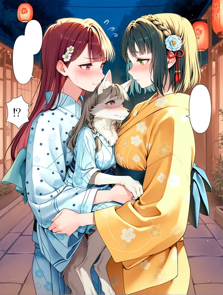 masterpiece, best quality, absurdres, amazing quality <lora:cfg_scale_boost:0.3> <lora:StS-Illustrious-Detail-Slider-v1.0:3> <lora:StS_Age_Slider_Illustrious_v1:3>,detailed_background,outdoors,furry female,flower knot,pink eyes,green eyes,center-flap bangs,carrying,momose ginko \(summer casual\),bow,official alternate costume,straight hair,nose blush,spoken interrobang,virtual youtuber,hair ornament,yukata,highres,floral print,blush,yellow kimono,polka dot kimono,carrying person,brown hair,platunoy 787,blank speech bubble,love live! days: love live! general magazine,momose ginko,long sleeves,hair flower,flying sweatdrops,kimono,furrification,looking at another,furry with non-furry,multiple girls,polka dot,yuri,side braids,fox girl,love live!,braid,link! like! love live!,japanese clothes,kachimachi kosuzu,!?,floral print kimono,2girls,long hair,hair bow,interspecies,black bow,blue kimono,flower