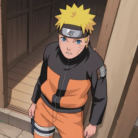 masterpiece, best quality, amazing quality, highres, absurdres, intricate detail, <lora:Naruto_Uzumaki_ILLUS-000010:1> , nar1, solo, 1boy, short hair, blue eyes, blonde hair, whisker markings, forehead protector, jacket, multicolored clothes, pants, thigh strap, uzumaki naruto, looking at viewer, parted lips,