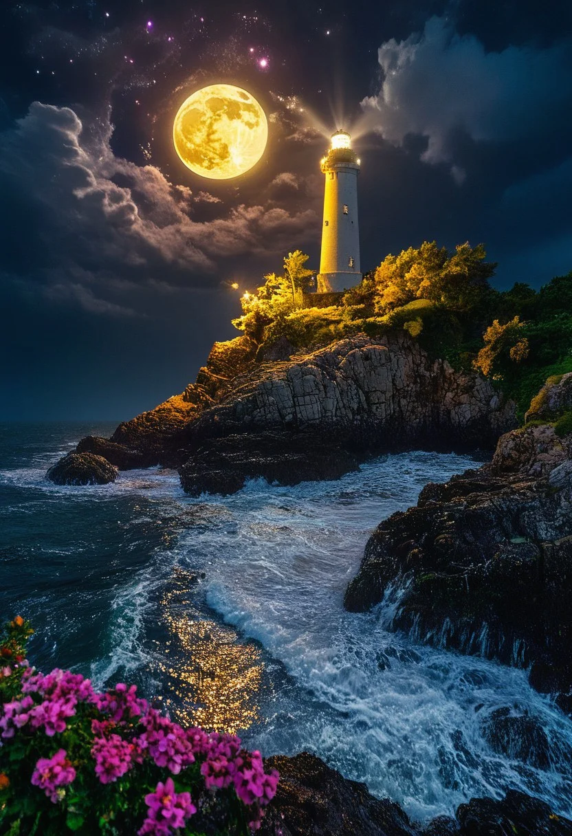 Big Lighthouse on a rock in a stormy sparkling sea at night. the sky full of stars and a big moon. The colors of the galaxy reflect in the water. trees and many flowers are on the edge of the rock. 
Masterpiece, vibrant colors, very detailed, midjourneyv6.1, Light Painting, detail background, flowers