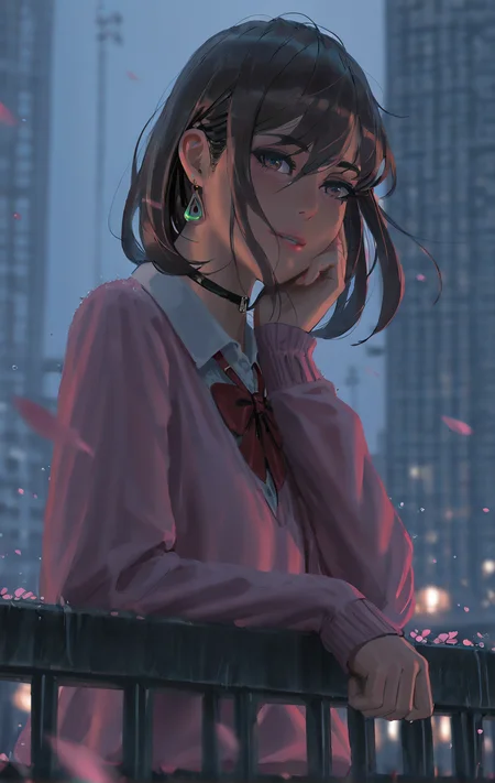 (newest, recent,:1.3), (guweiz, wlop, pluvium grandis), realistic, year_2024, year_2023, year_2022, year_2021,
absurdres, highres, best quality, masterpiece, very aesthetic, dandadan, ayase momo, 1girl, black choker, blue sky, bow, bowtie, brown eyes, brown hair, choker, collared shirt, dress shirt, earrings, elbow rest, hair between eyes, hand on own cheek, hand on own face, head rest, jewelry, light blush, light particles, long sleeves, looking at viewer, loose bowtie, medium hair, parted lips, pencil, petals, pink petals, pink sweater, red bow, red bowtie, school uniform, shirt, sleeves past wrists, smile, solo, sweater, upper body, white shirt, blurry, blurry background, city, city lights, leaning back, railing, rain, <lora:Artist_style_Void_0:0.7>, <lora:MomoAyase-IL-v1:0.7>