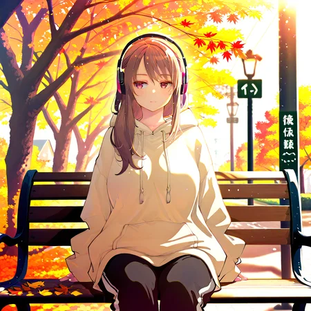 girl, 18, mature, brown hair, pink eyes, liking in viewer direction, oversized hoodie, sweatpants, sitting on a park bench, autumn leaves scattered around, soft golden sunlight filtering through the trees, listening to music, headphones, relaxed and contemplative expression, gentle breeze moving her hair, peaceful and cozy atmosphere, rating_explicit, Akino_Sora
, IL_lazypos, masterpiece, best quality, detailed face, detailed eyes, 4k, 8k, <lora:IL_Akino_Sora IL:1.0>
